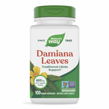 Nature's Way Damiana Leaves supplement bottle with green cap, 100 vegan capsules, 600mg per serving, Non-GMO Project Verified