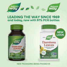 Two Nature's Way Damiana Leaves supplement bottles, one dark glass and one white plastic, both containing 100 vegan capsules.