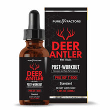 Brown glass dropper bottle of Deer Antler with Tribulus dietary supplement next to black packaging box with red antler logo.