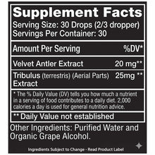 Supplement Facts label listing Velvet Antler Extract and Tribulus Extract with serving size of 30 drops per container on blac