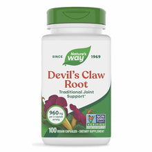 Nature's Way Devil's Claw Root supplement bottle with green cap containing 100 vegan capsules, 960mg per serving.