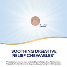 Brown round chewable tablet labeled "Chocolate Flavored" for digestive relief.