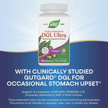 White bottle of Nature's Way DGL Ultra Extra Strength chocolate-flavored chewable tablets for digestive relief, containing 90