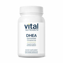 White bottle of Vital Nutrients DHEA 25mg micronized dietary supplement with white cap, containing 60 vegan capsules.
