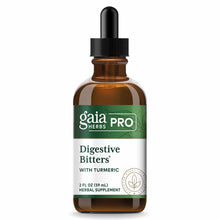 Gaia Herbs Pro Digestive Bitters with Turmeric liquid herbal supplement in amber glass bottle with dropper cap.