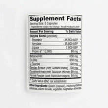 Supplement Facts label for Digestive Complete capsules listing enzyme blend, betaine HCl, ox bile, and herbal extracts.