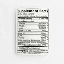 Supplement Facts label for Digestive Complete showing enzyme blend, betaine HCl, ox bile, and herbal extracts per 2-capsule s