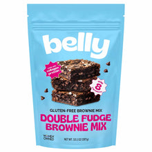 A light blue Belly pouch of gluten-free Double Fudge Brownie Mix shows a stack of three chocolate chip brownies.