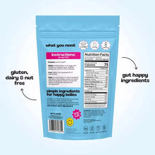 Back of a light blue brownie mix pouch showing baking instructions, a Nutrition Facts panel, and callouts for gluten, dairy and nut free.