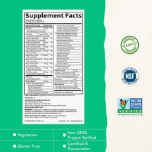 A Supplement Facts label listing enzyme and probiotic blends beside vegetarian, NSF gluten-free, and Non-GMO Project Verified badges on a green background.