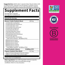 Dr. Formulated Probiotics Once Daily Women's supplement facts label showing 50 billion CFU probiotic blend and certification