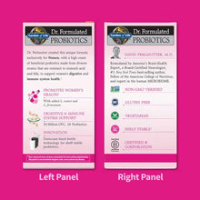 Dr. Formulated Probiotics Once Daily Women's supplement bottle packaging showing product benefits, ingredients, and certifica