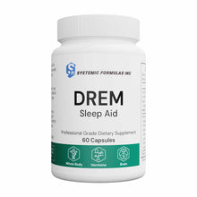 White bottle of DREM Sleep Aid by Systemic Formulas containing 60 capsules with green label band.