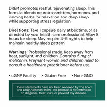 DREM Sleep Aid bottle with 60 capsules by Systemic Formulas, featuring product information and directions on label.