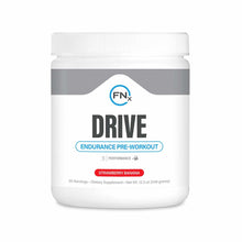 Fenix Nutrition Drive Endurance Pre-Workout powder in Strawberry Banana flavor, 12.3 oz container with white lid.