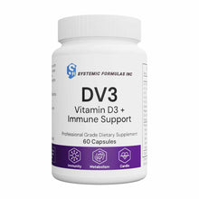 White bottle of DV3 Vitamin D3 Plus Immune Support containing 60 capsules by Systemic Formulas.