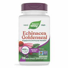 White bottle with purple cap containing Nature's Way Echinacea Goldenseal supplement with 100 vegan capsules.