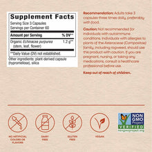 Supplement Facts label for Echinacea purpurea capsules with dosage information, ingredients, and certification badges for non