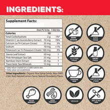 Supplement facts label for electrolyte packets listing ingredients, nutritional information, and certification badges includi