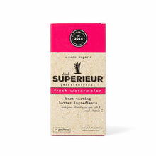 Box of 14 Superieur Electrolytes packets in fresh watermelon flavor, zero sugar, with pink and tan packaging.