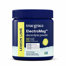 Blue canister with yellow label for True Grace ElectroMag electrolyte powder in lemon lime flavor, 30 servings.