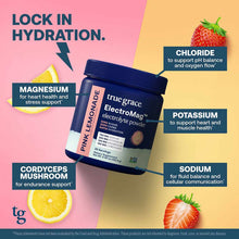 Dark blue canister of ElectroMag electrolyte powder by True Grace with pink lemonade flavor, surrounded by lemon and strawber