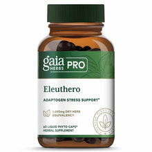 Gaia Herbs Pro Eleuthero supplement bottle with green cap containing dark liquid phyto-caps.