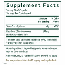 Supplement Facts label for Gaia Herbs Eleuthero showing 60 servings of 277 mg Eleutherococcus root extract per capsule.