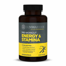 Sunwarrior Pre-Workout Energy & Stamina dark bottle with black cap and yellow label, 90 vegan capsules.