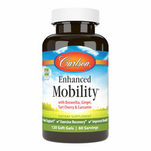 Dark amber glass bottle with white cap containing Carlson Labs Enhanced Mobility dietary supplement with 120 soft gels.