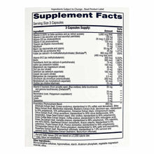 NutriDyn Essential Multi supplement facts label listing vitamins, minerals, and proprietary blend ingredients per 3-capsule s