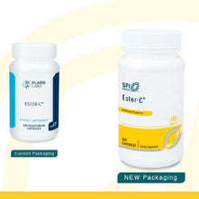 Two white bottles of Ester-C vitamin C supplement capsules by SFI Health and Klaire Labs, showing current and new packaging d