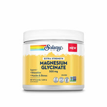 White plastic container with yellow label showing Solaray Extra Strength Magnesium Glycinate Powder, 500 mg, 9.4 oz.