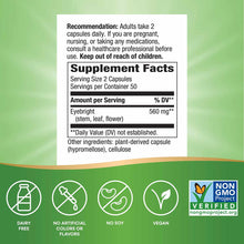 Back panel of Eyebright Herb supplement bottle showing usage instructions, supplement facts with 560mg eyebright per serving,
