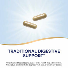 Two tan capsules on white and blue background with gold curved line accent.