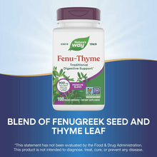 Nature's Way Fenu-Thyme bottle with purple cap containing 100 vegan capsules, labeled as traditional digestive support blend.