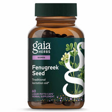 Gaia Herbs Fenugreek Seed bottle with dark green cap containing 60 black liquid phyto-caps.