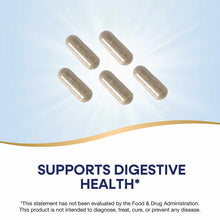 Five tan capsules arranged on a light blue and white background with a gold curved line.