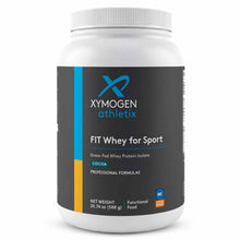 White plastic container with black label showing Xymogen Athletix FIT Whey for Sport in cocoa flavor, 20.74 oz.