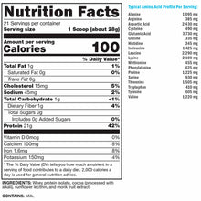 Nutrition Facts label for whey protein powder showing 21 servings, 100 calories per scoop, 21g protein, and amino acid profil