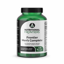 Green bottle of Frontier Men's Complete dietary supplement with black cap and white label containing 120 vegetarian capsules.