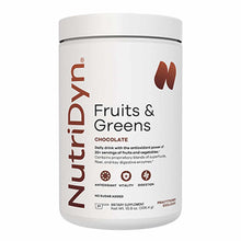 White cylindrical container of NutriDyn Fruits & Greens Daily Drink powder in chocolate flavor with nutritional information a