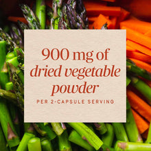 Cream-colored label stating "900 mg of dried vegetable powder per 2-capsule serving" overlaid on fresh green asparagus and or