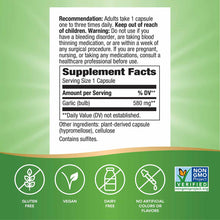 Supplement facts label for Nature's Way Garlic Bulb capsules showing 580mg serving size and dietary attributes.