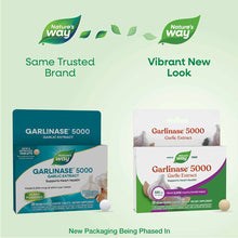 Nature's Way Garlinase 5000 garlic extract supplement boxes showing old teal packaging and new white and green packaging desi
