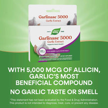 Nature's Way Garlinase 5000 garlic extract supplement bottle and box with 30 vegan enteric-coated tablets.