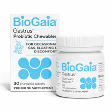 BioGaia Gastrus Probiotic Chewables box and white bottle with white screw cap containing 30 chewable tablets.