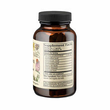 Brown glass bottle with black screw cap containing herbal supplement capsules and supplement facts label visible.