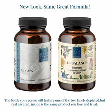 Two amber glass bottles with black caps showing old "GI Caps" and new "GI Balance" labels by Wise Woman Herbals, 90 vegetaria
