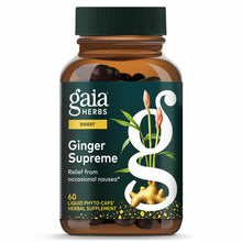 Amber glass bottle with green cap containing dark liquid phyto-caps labeled Gaia Herbs Ginger Supreme.